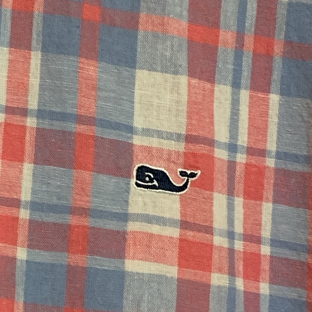 Vineyard Vines Plaid Slim Fit Whale Cotton Linen Blend Button Down Oxford Shirt - Picture 6 of 17